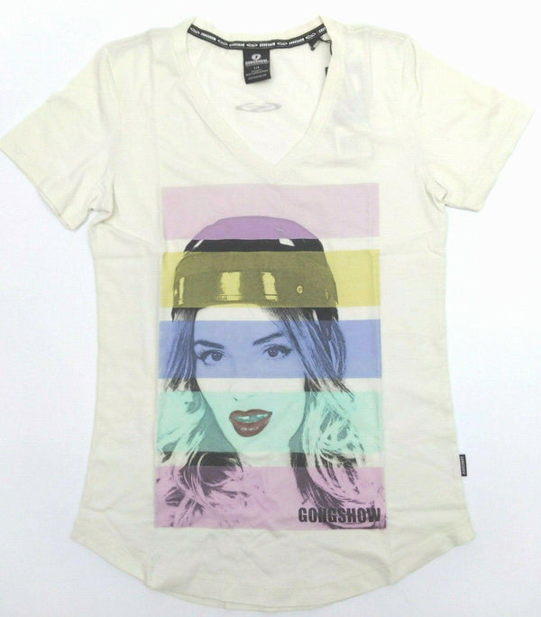 Women's Graphic T-Shirt Gongshow Hockey Short Sleeve V-Neck Top White Large