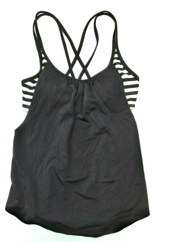 Women's Tankini Top Stripes Lined Double Up Blouson Swimwear Black White Small