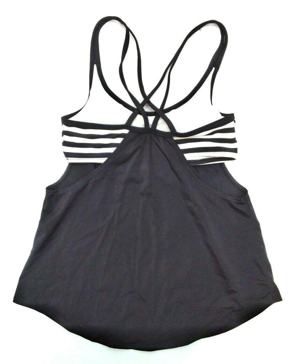 Women's Tankini Top Stripes Lined Double Up Blouson Swimwear Black White Small