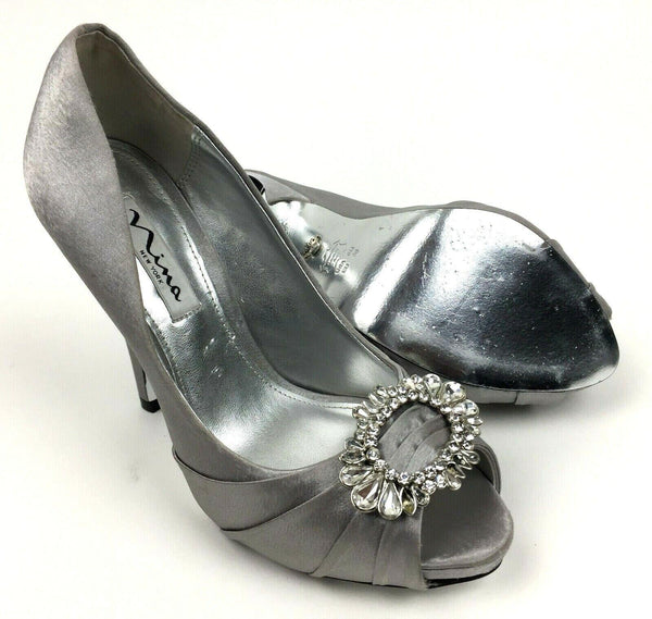 NINA Women's Rumina Stylish Open Toe Slip on Dress Pump Silver - Size 6M