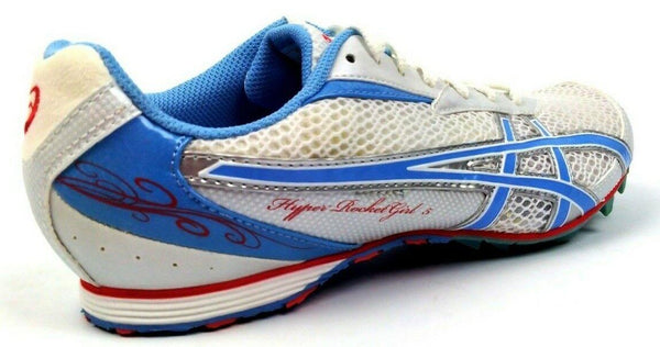 Asics Girl's Track and Field Running Shoes Hyper Rocket 5 White Blue Size 9.5