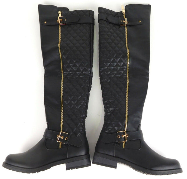 Women's Riding Boots Quilted Zipper Buckle Over Knee Black Size 6.5