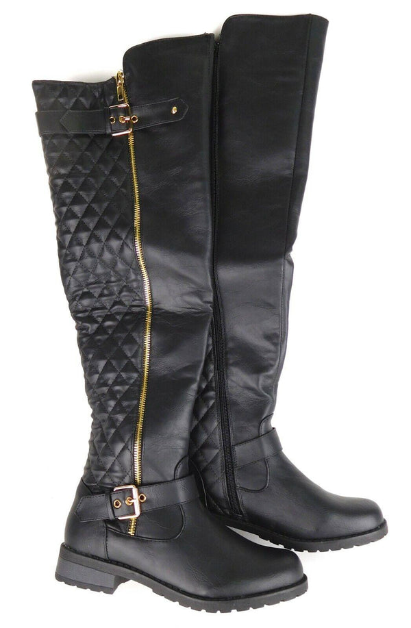 Women's Riding Boots Quilted Zipper Buckle Over Knee Black Size 6.5