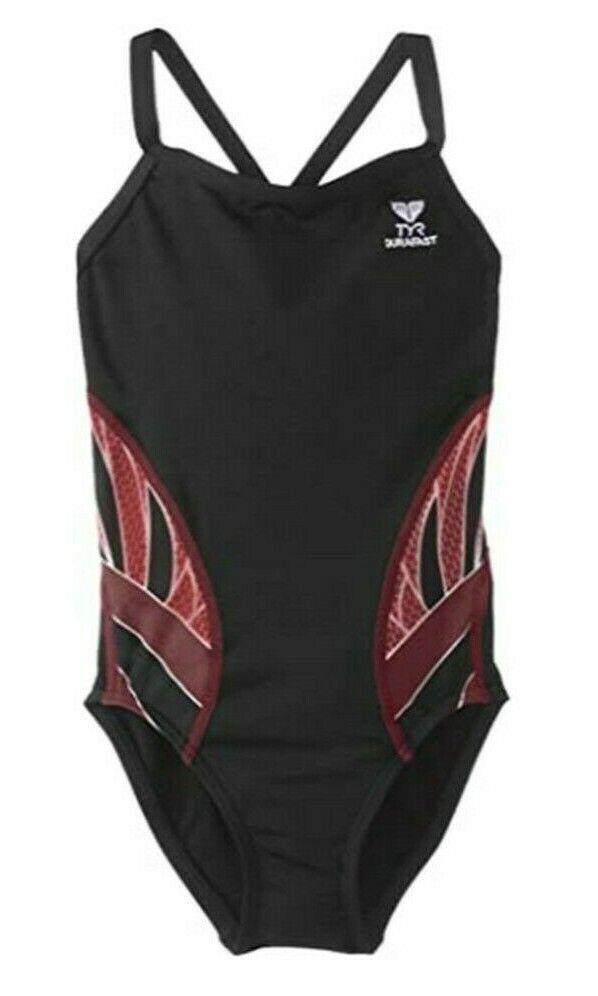 TYR Phoenix Girl's Swimsuit Splice Diamondfit One Piece Black Burgundy Size 22