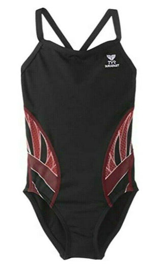 TYR Phoenix Girl's Swimsuit Splice Diamondfit One Piece Black Burgundy Size 22