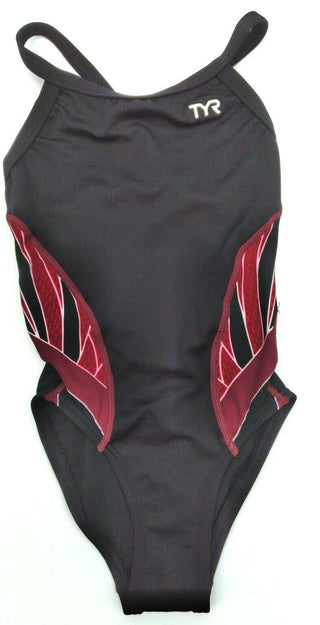TYR Phoenix Girl's Swimsuit Splice Diamondfit One Piece Black Burgundy Size 22