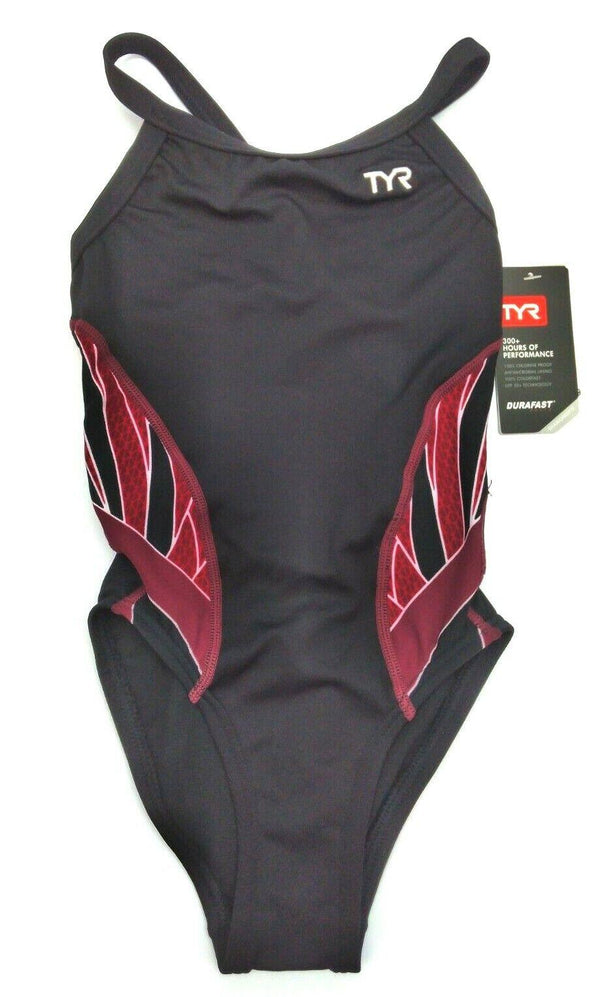 TYR Phoenix Girl's Swimsuit Splice Diamondfit One Piece Black Burgundy Size 22