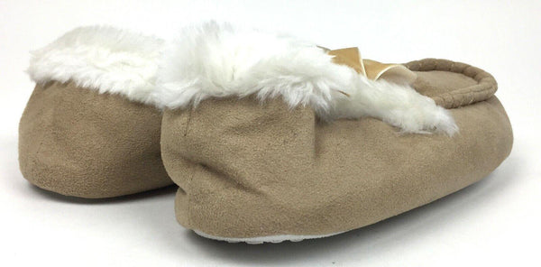 Vee Vee Girl's Microsuede Moccasin Slippers with Faux Fur Cuff Tan Size XL 4-5