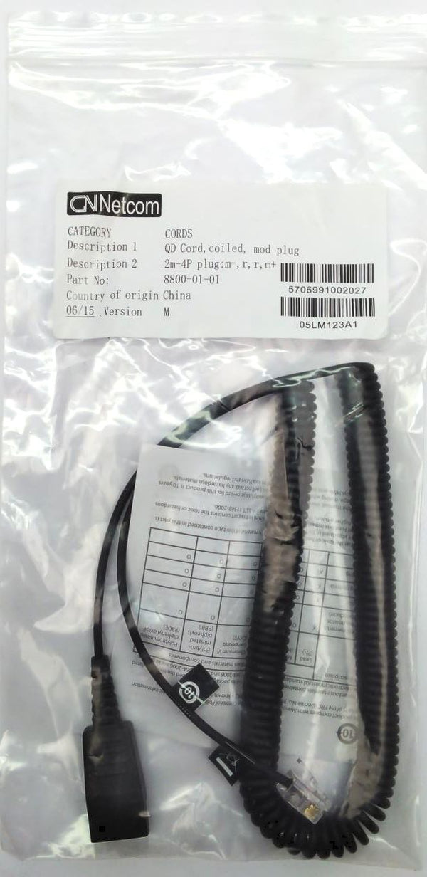 Jabra QD RJ10 Telephone Headphone Headset 2m Coiled Cable Cord 8800-01-01