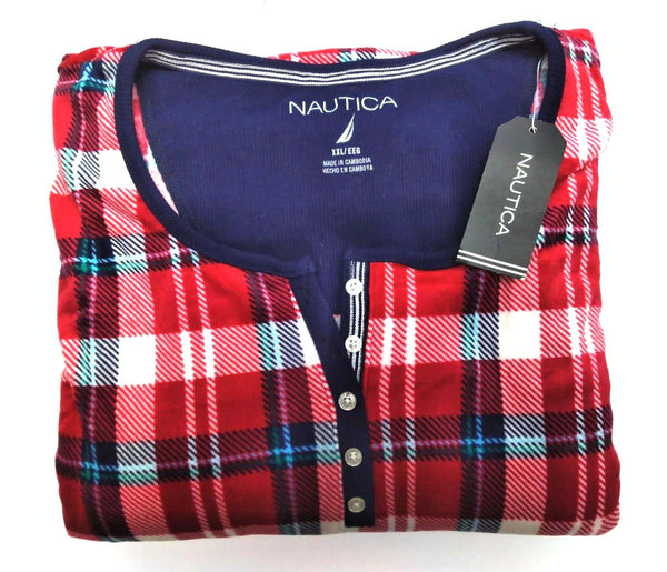 Nautica Women's Pajama Sleepwear Fleece Set Plaid Red White 2 Piece Size XXL