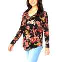 Well Worn Women's Top V-Neck Relaxed Long Sleeve Tee Black Floral Size S New