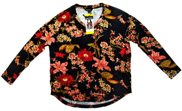 Well Worn Women's Top V-Neck Relaxed Long Sleeve Tee Black Floral Size S New