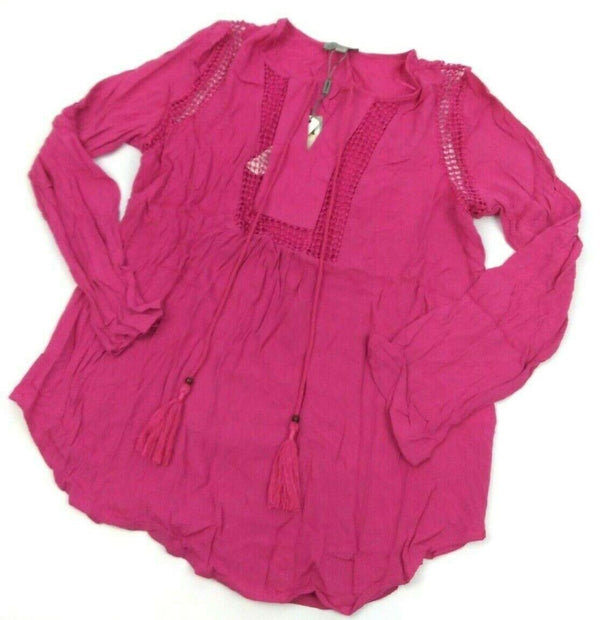 Women's Blouse Crochet Loose Fit Crinkle Pullover Top Shirt Dusty Rose Medium