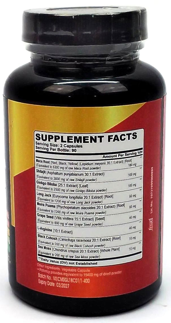 Organic Cadane Dietary Supplement Maca Shilajit Ginkgo Biloba Long Jack 180 Ct