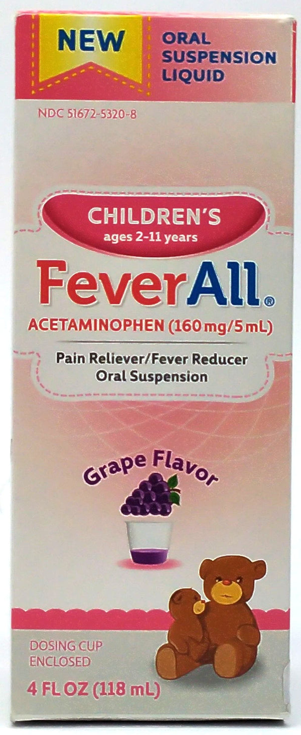 FeverAll Pain Relieve Acetaminophen Oral Suspension Liquid Grape Flavor 160mg