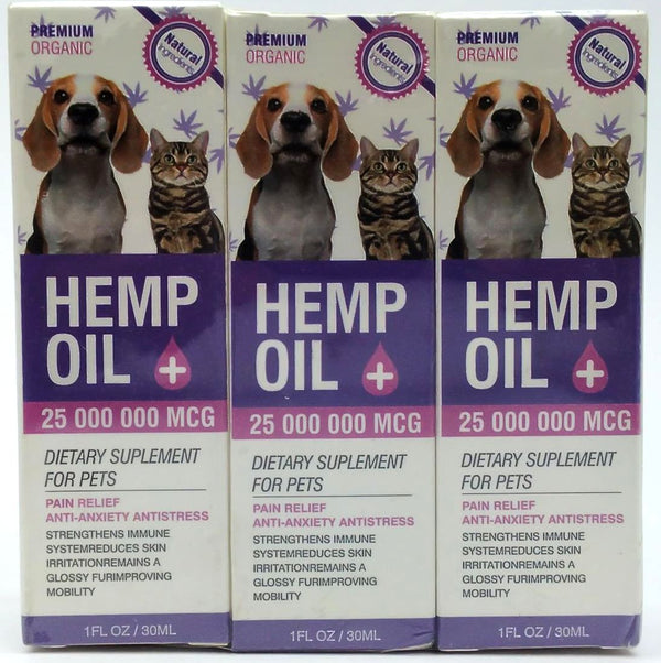 Premium Organic Hemp Oil Dietary Supplement for Dogs Cats All Natural 30ml 3-Pk