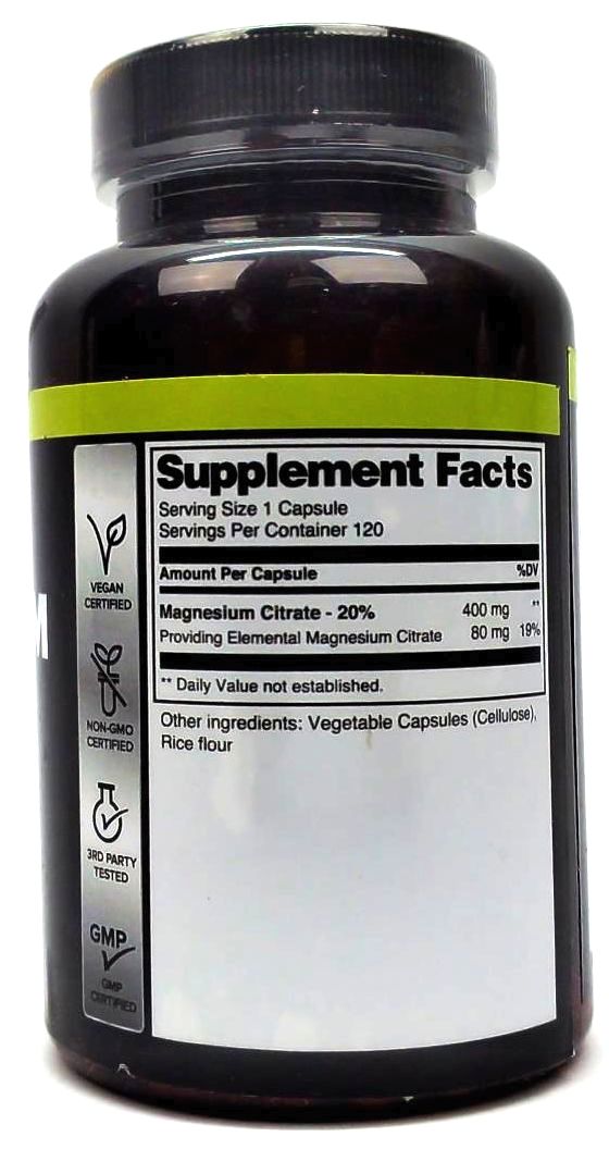 Magnesium Citrate Dietary Supplement 400mg Supports Bone Health 120 capsules