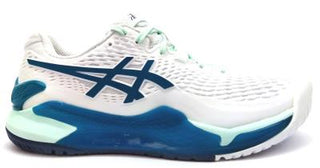 Buy white-teal-blue Asics Women&#39;s GEL-Resolution 9 Tennis Shoes Dynawall Athletic Sneakers Lace Up