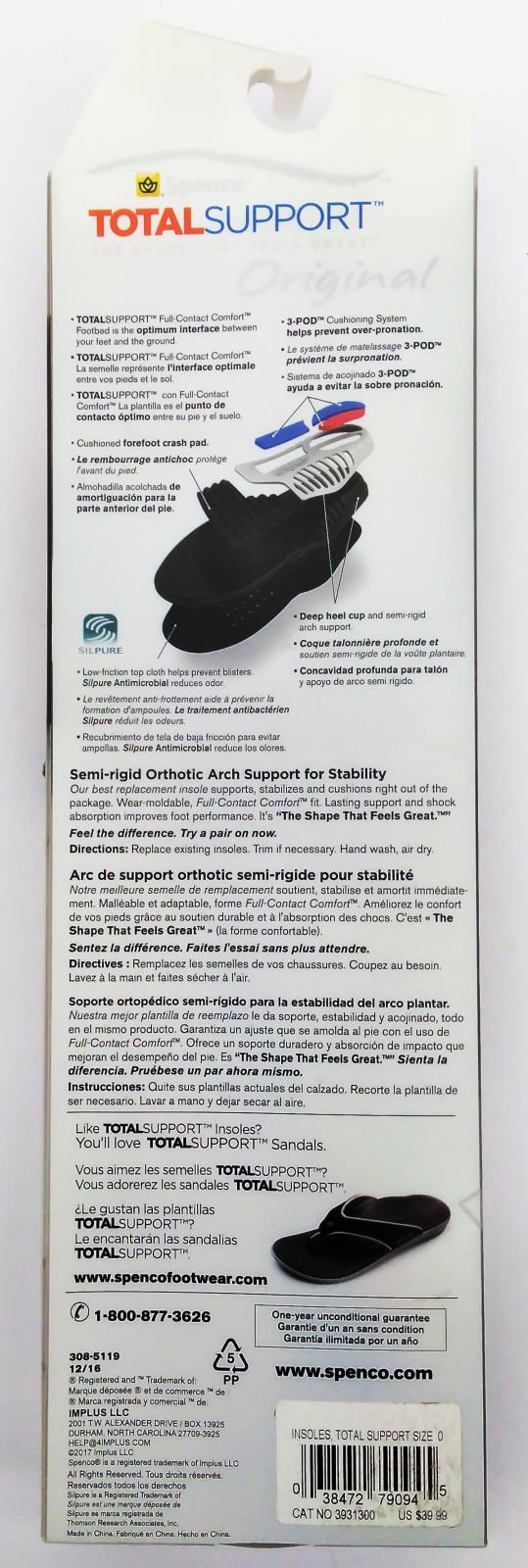 Spenco Women's Total Support Insoles Semi-rigid Orthotic Arch Support Size 3 - 4