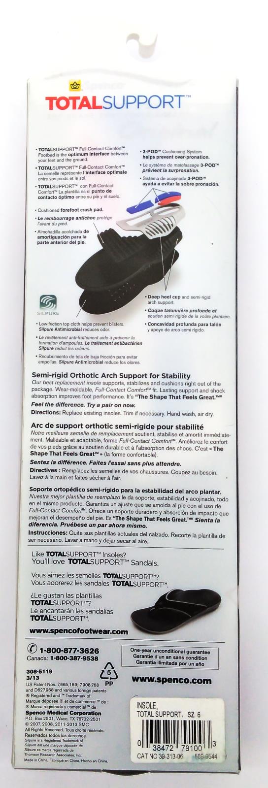 Spenco Men's Total Support Original Semi-rigid Orthotic Arch Support Size 14 -15