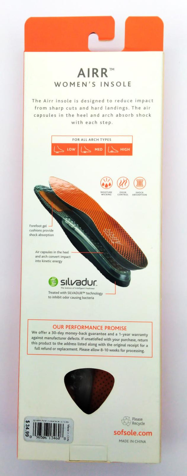 Sof Sole Women's AIRR Performance Full-length Insole Perf Cushion Orange 5-7.5