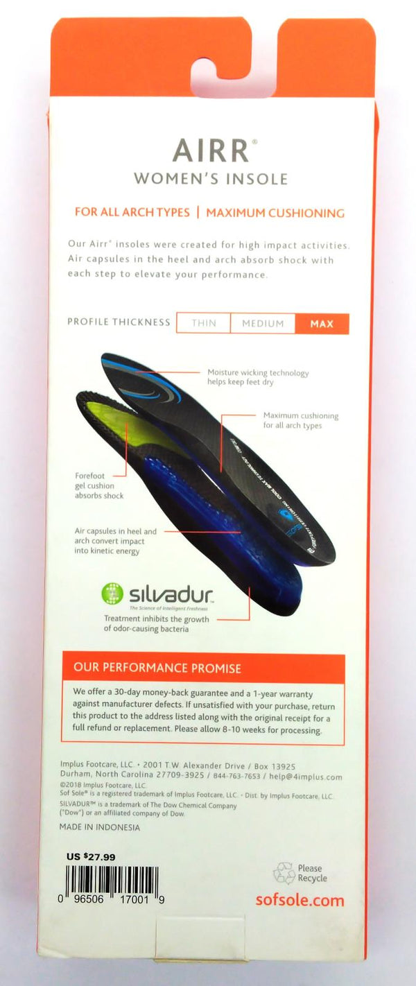 Sof Sole Women's Insole AIRR Performance Gel Shoe Insert Full Length Size 5- 7.5